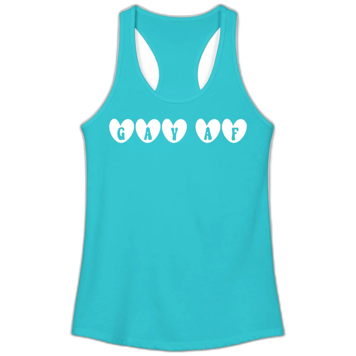 Five white hearts on gray background spelling GAY AF with bold letters - gay af pride hearts design in Solid Tahiti Blue