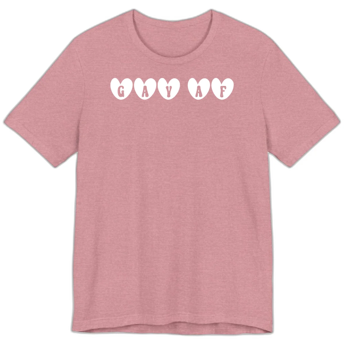 Five white hearts on gray background spelling GAY AF with bold letters - gay af pride hearts design in Heather Orchid