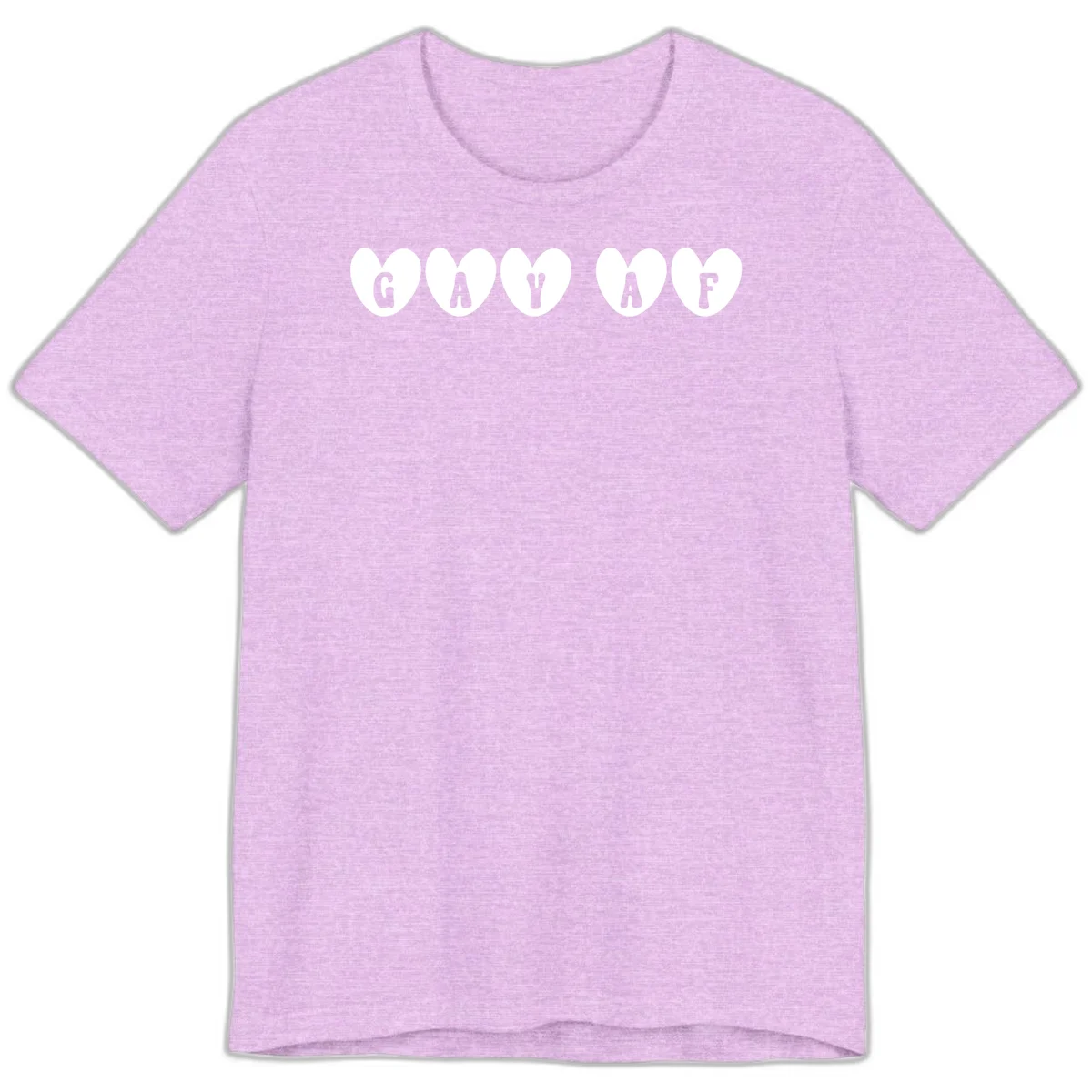 Five white hearts on gray background spelling GAY AF with bold letters - gay af pride hearts design in Heather Prism Lilac