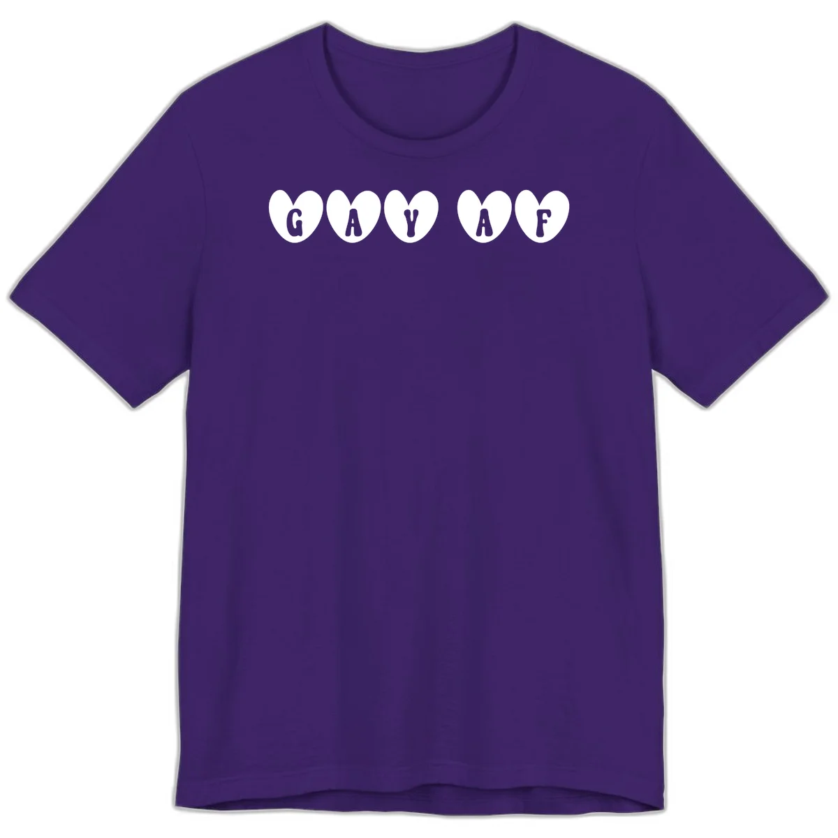 Five white hearts on gray background spelling GAY AF with bold letters - gay af pride hearts design in Team Purple
