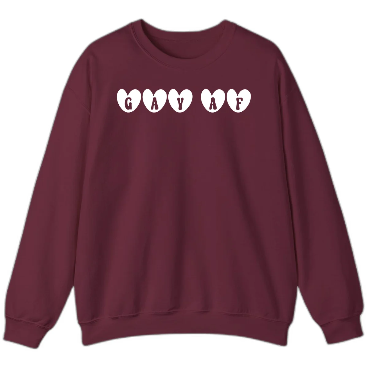 Five white hearts on gray background spelling GAY AF with bold letters - gay af pride hearts design in Maroon