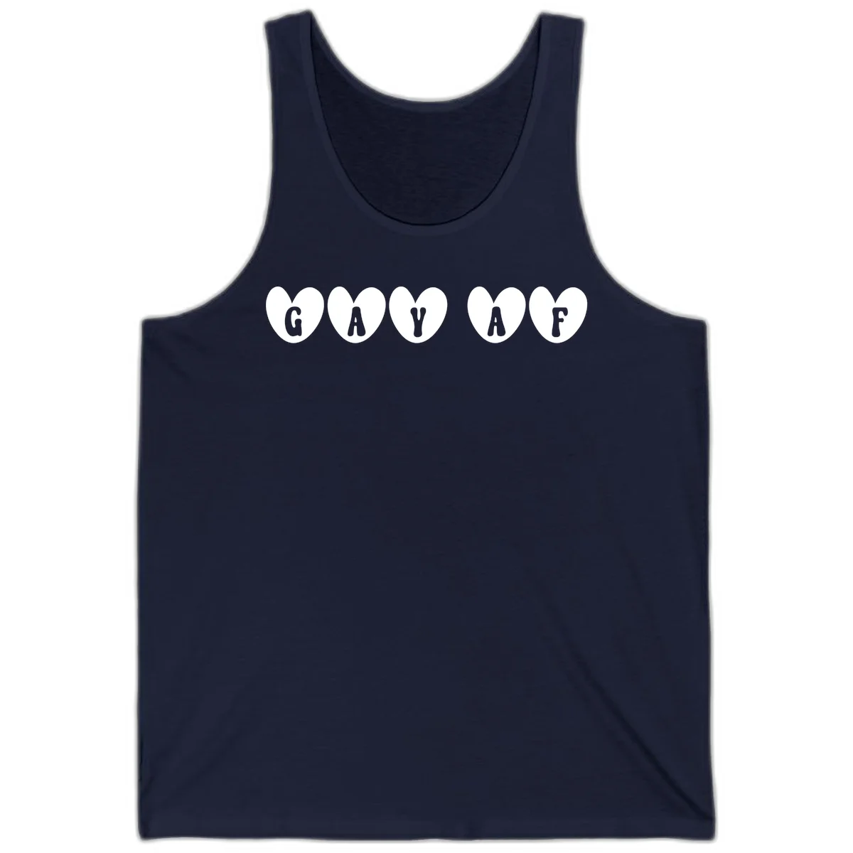 Five white hearts on gray background spelling GAY AF with bold letters - gay af pride hearts design in Navy