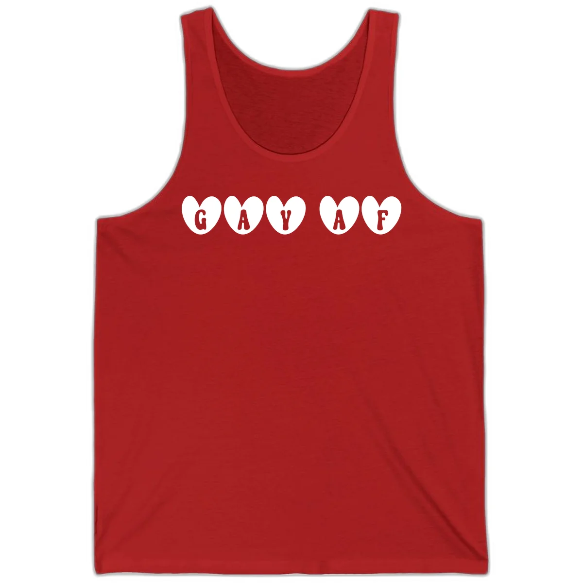 Five white hearts on gray background spelling GAY AF with bold letters - gay af pride hearts design in Red