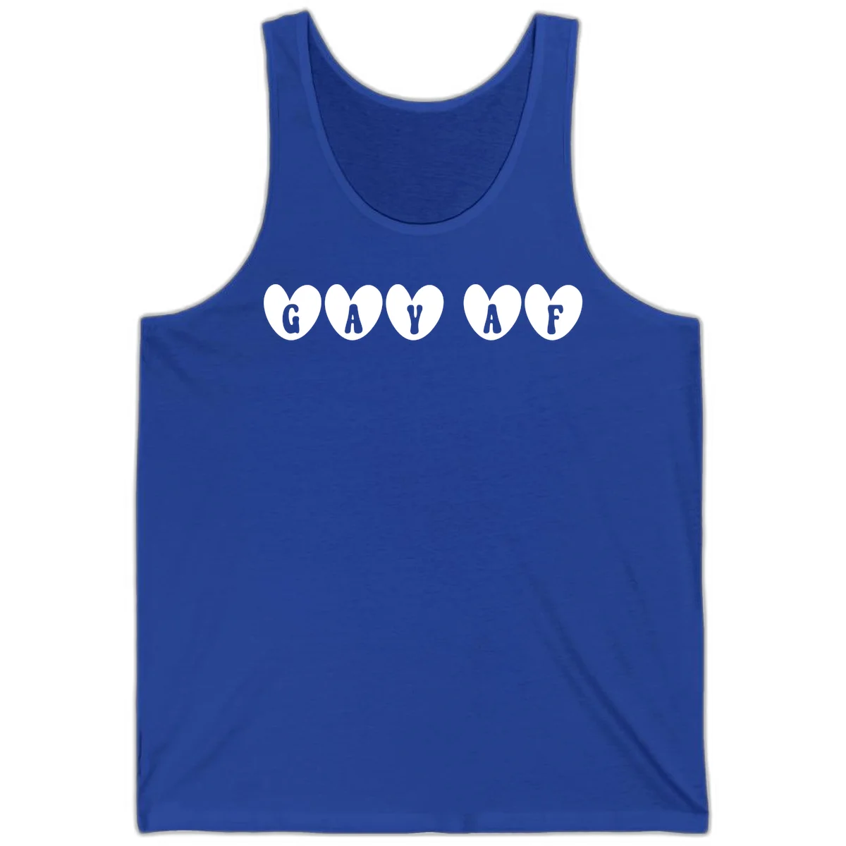 Five white hearts on gray background spelling GAY AF with bold letters - gay af pride hearts design in True Royal