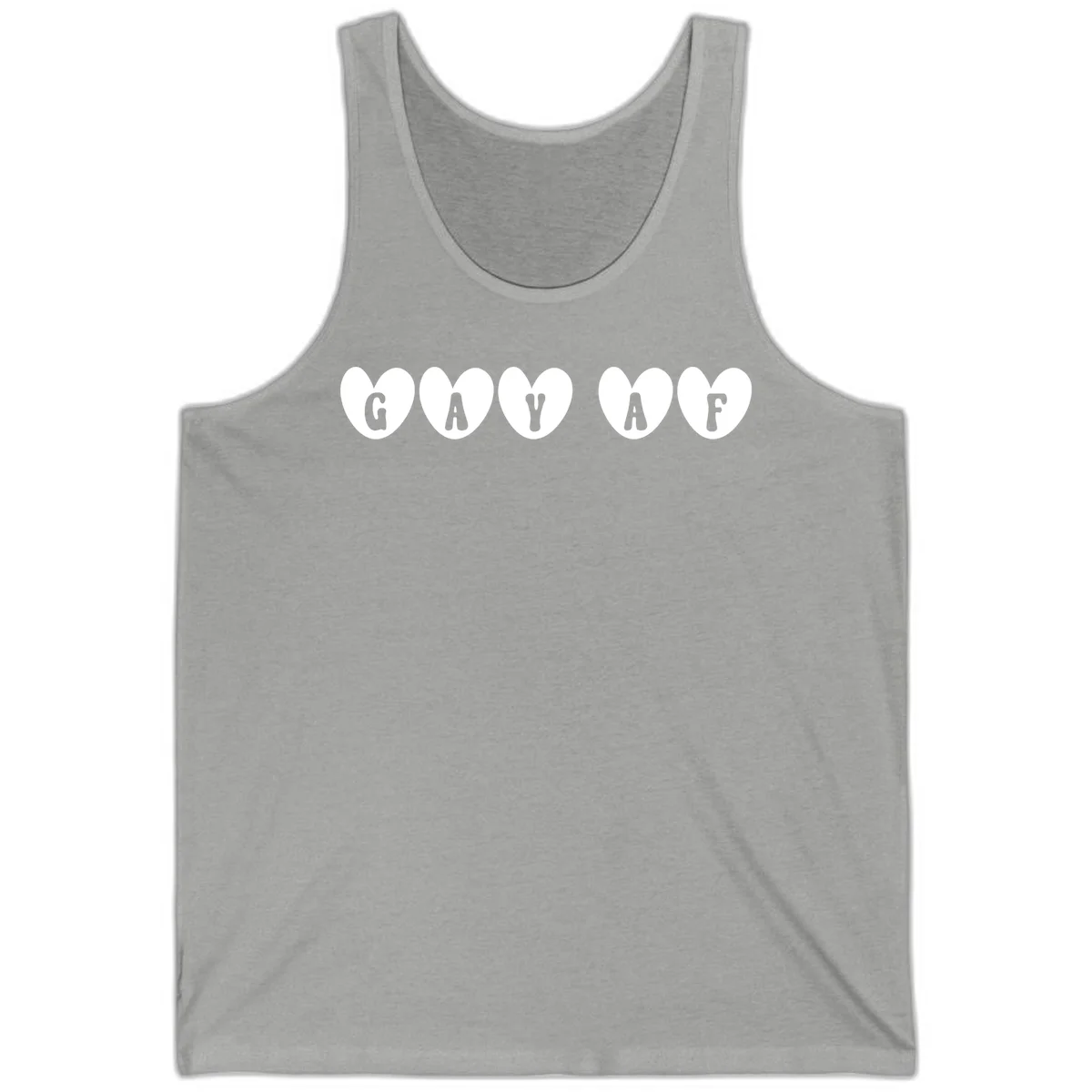 Five white hearts on gray background spelling GAY AF with bold letters - gay af pride hearts design in Athletic Heather
