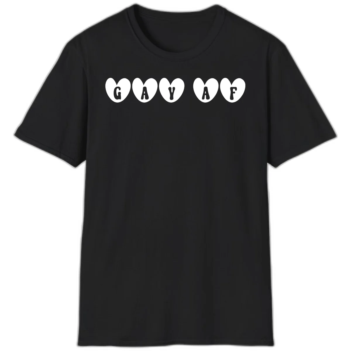 Five white hearts on gray background spelling GAY AF with bold letters - gay af pride hearts design in Black