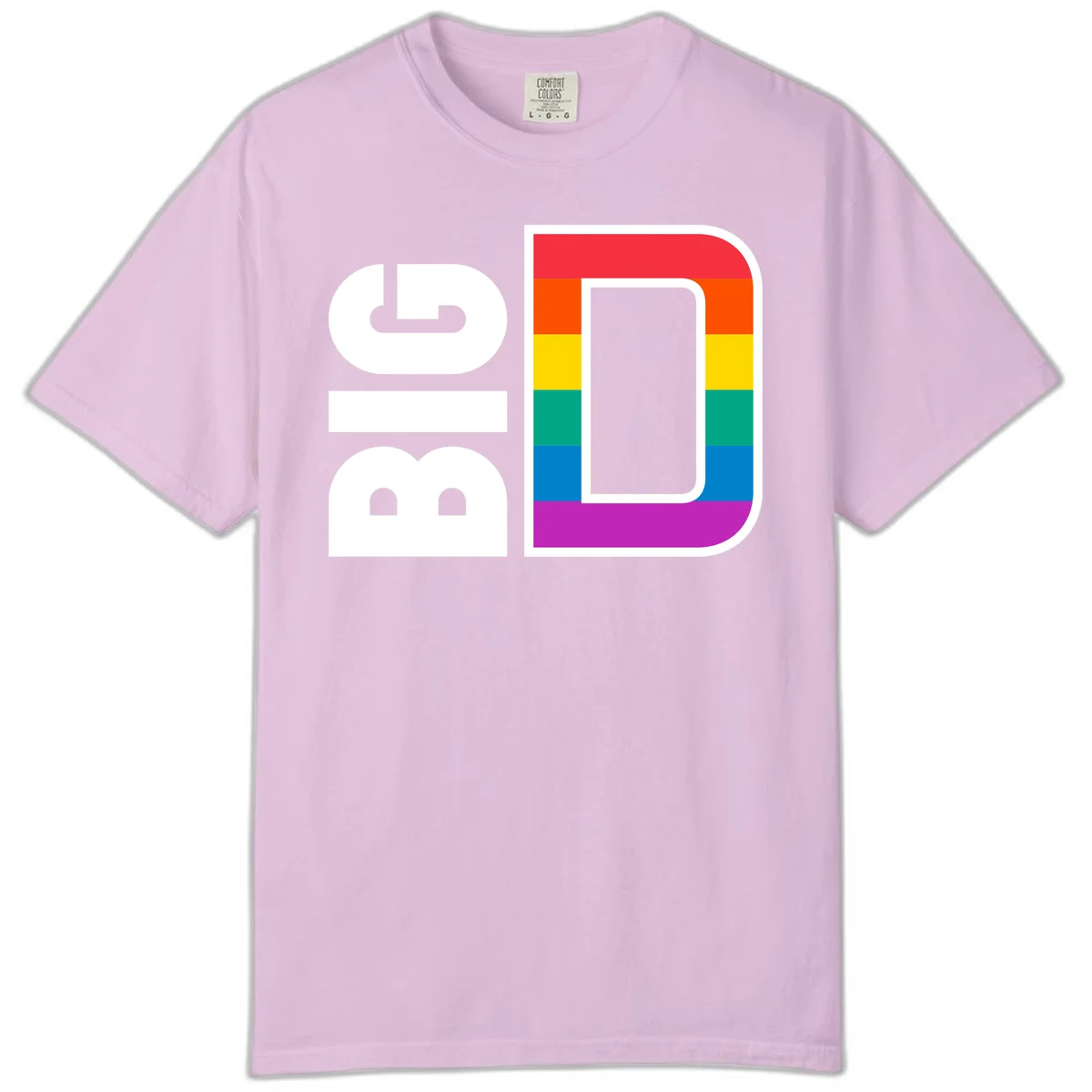 Rainbow pride flag design with rounded rectangle frame featuring red, orange, yellow, green, teal, blue, and purple stripes in Orchid