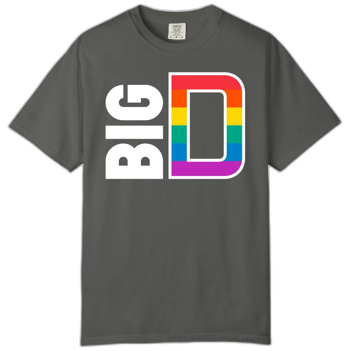 Rainbow pride flag design with rounded rectangle frame featuring red, orange, yellow, green, teal, blue, and purple stripes in Pepper