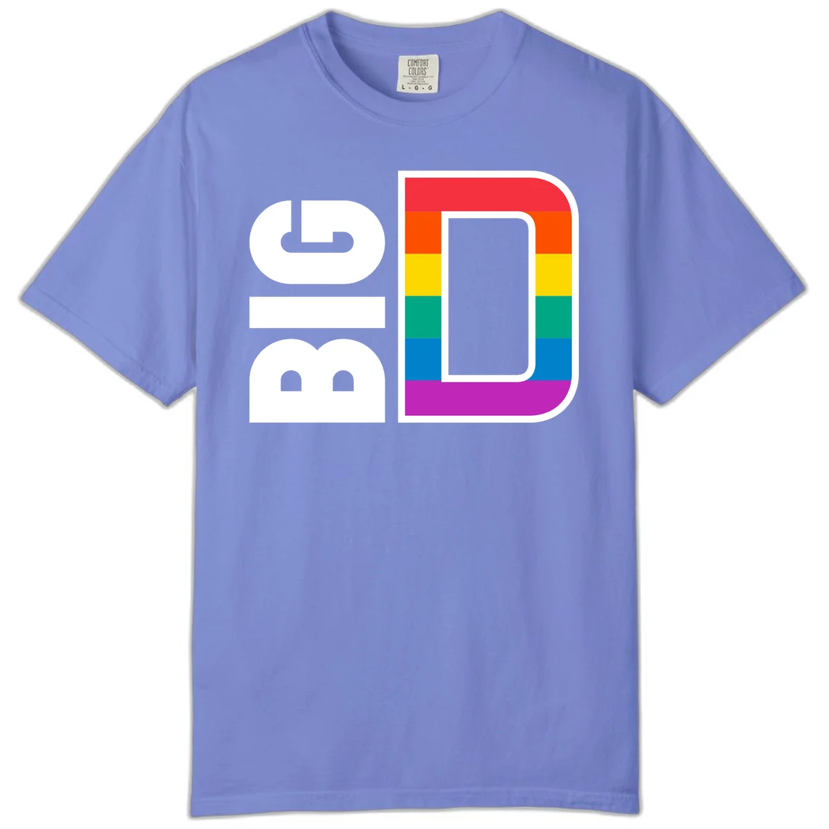 Rainbow pride flag design with rounded rectangle frame featuring red, orange, yellow, green, teal, blue, and purple stripes in Flo Blue