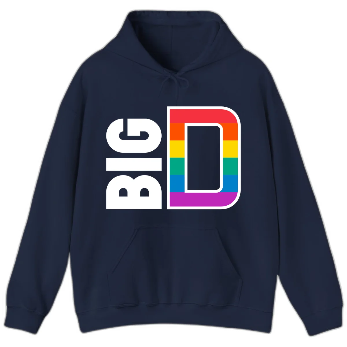 Rainbow pride flag design with rounded rectangle frame featuring red, orange, yellow, green, teal, blue, and purple stripes in Navy