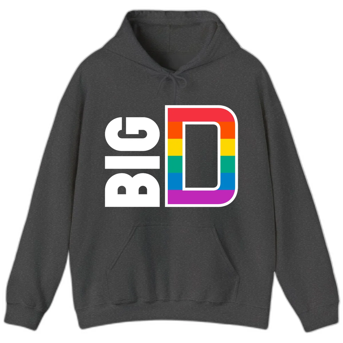 Rainbow pride flag design with rounded rectangle frame featuring red, orange, yellow, green, teal, blue, and purple stripes in Dark Heather