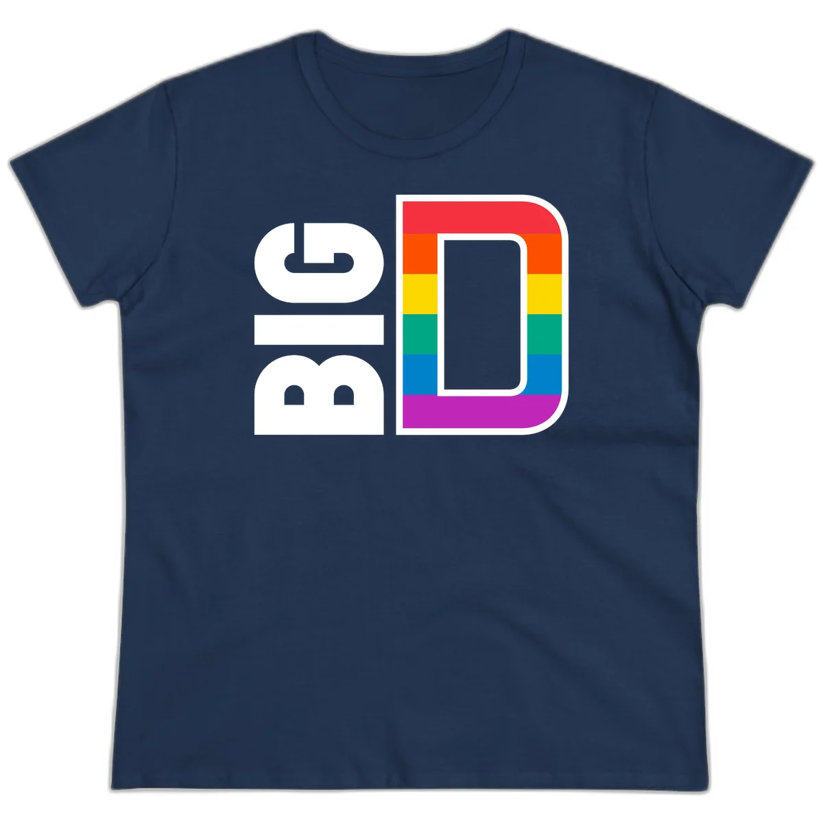 Rainbow pride flag design with rounded rectangle frame featuring red, orange, yellow, green, teal, blue, and purple stripes in Navy