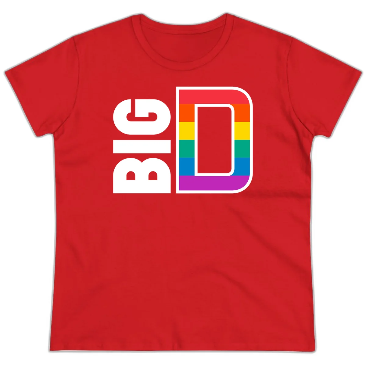 Rainbow pride flag design with rounded rectangle frame featuring red, orange, yellow, green, teal, blue, and purple stripes in Red