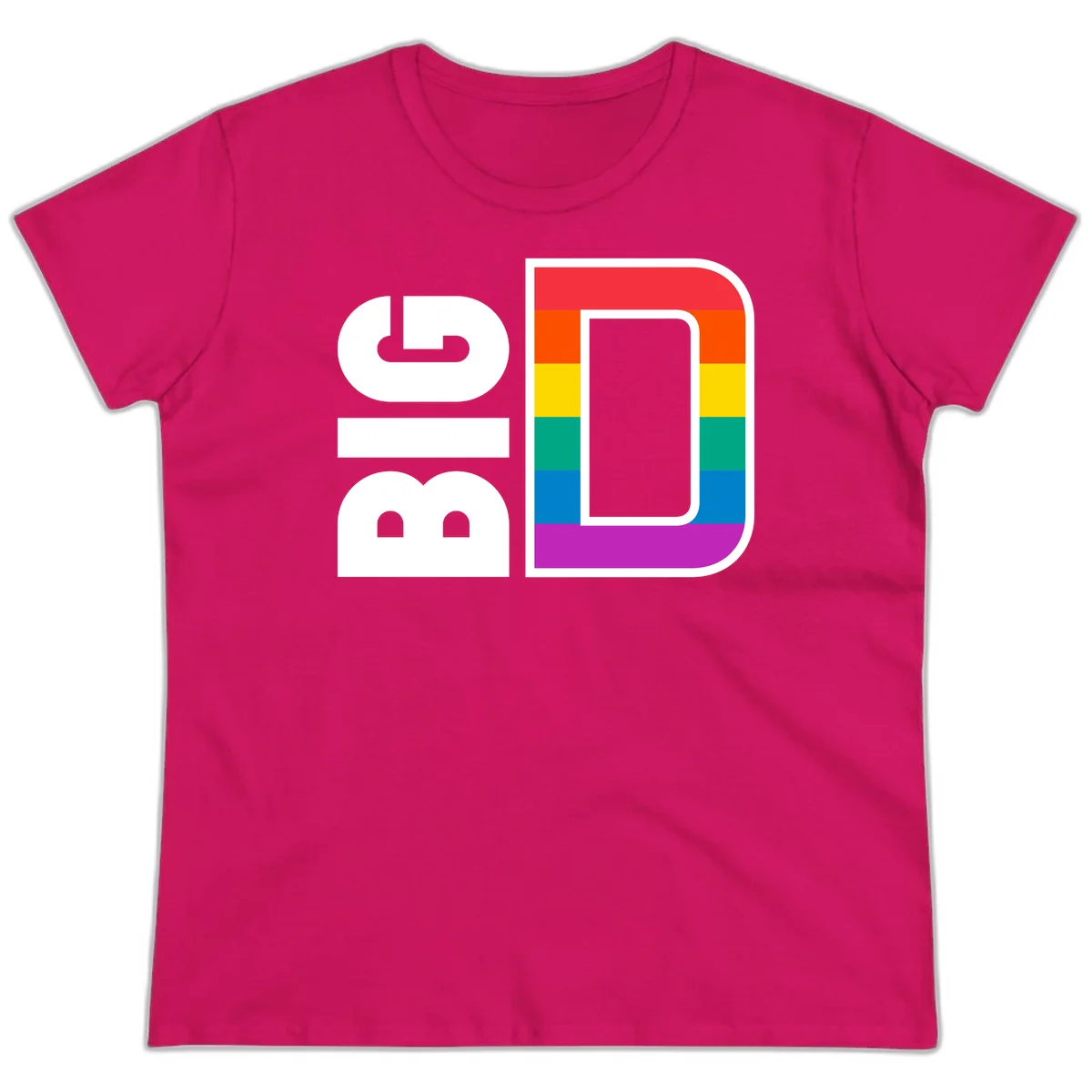 Rainbow pride flag design with rounded rectangle frame featuring red, orange, yellow, green, teal, blue, and purple stripes in Heliconia