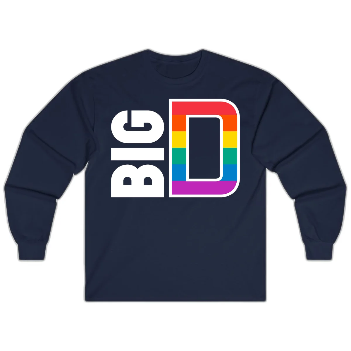 Rainbow pride flag design with rounded rectangle frame featuring red, orange, yellow, green, teal, blue, and purple stripes in Navy