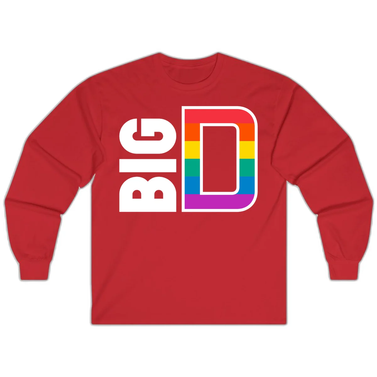 Rainbow pride flag design with rounded rectangle frame featuring red, orange, yellow, green, teal, blue, and purple stripes in Red