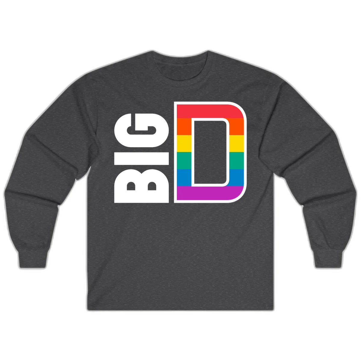 Rainbow pride flag design with rounded rectangle frame featuring red, orange, yellow, green, teal, blue, and purple stripes in Dark Heather