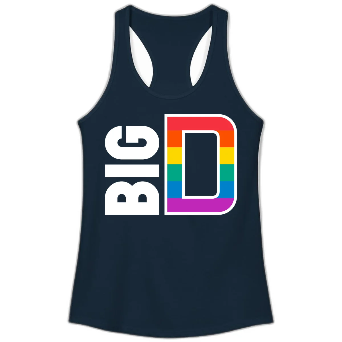 Rainbow pride flag design with rounded rectangle frame featuring red, orange, yellow, green, teal, blue, and purple stripes in Solid Midnight Navy