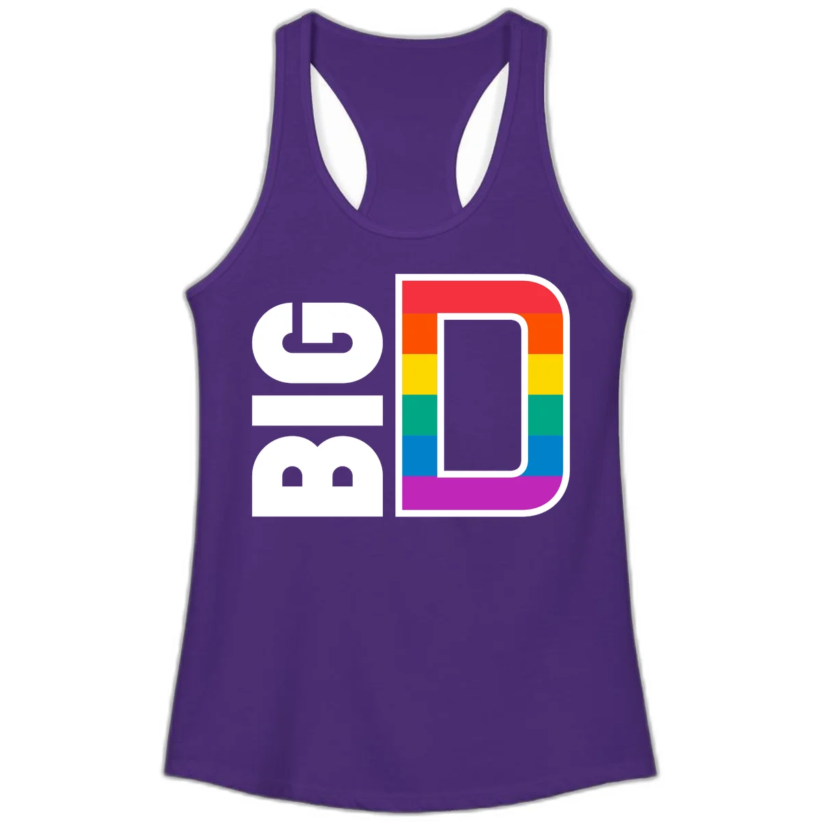 Rainbow pride flag design with rounded rectangle frame featuring red, orange, yellow, green, teal, blue, and purple stripes in Solid Purple Rush