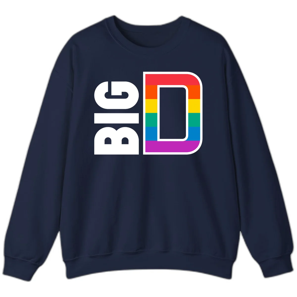 Rainbow pride flag design with rounded rectangle frame featuring red, orange, yellow, green, teal, blue, and purple stripes in Navy