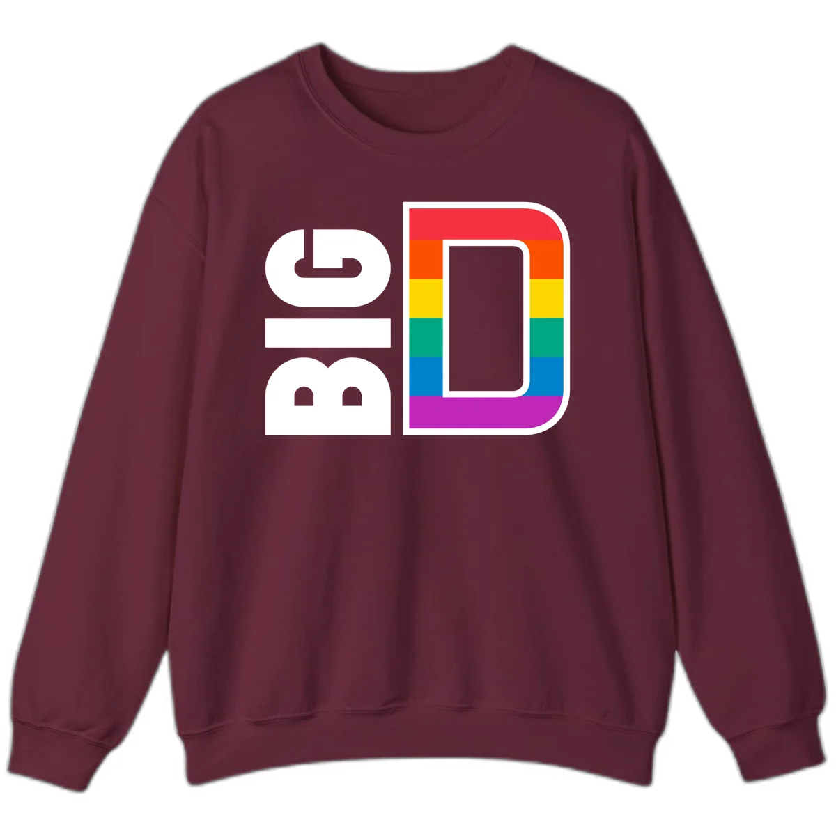 Rainbow pride flag design with rounded rectangle frame featuring red, orange, yellow, green, teal, blue, and purple stripes in Maroon