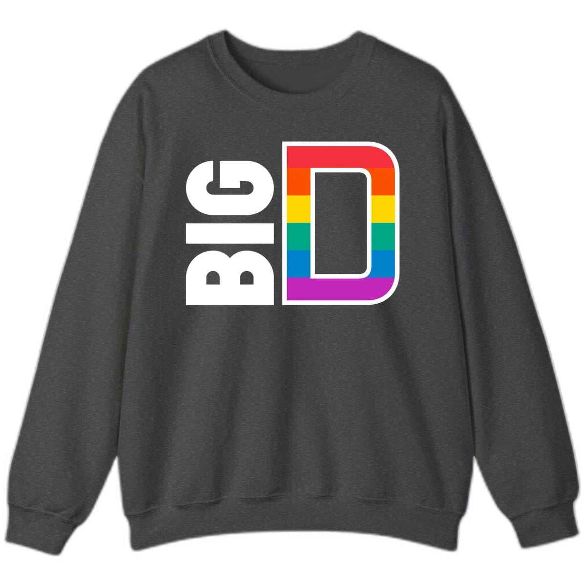 Rainbow pride flag design with rounded rectangle frame featuring red, orange, yellow, green, teal, blue, and purple stripes in Dark Heather