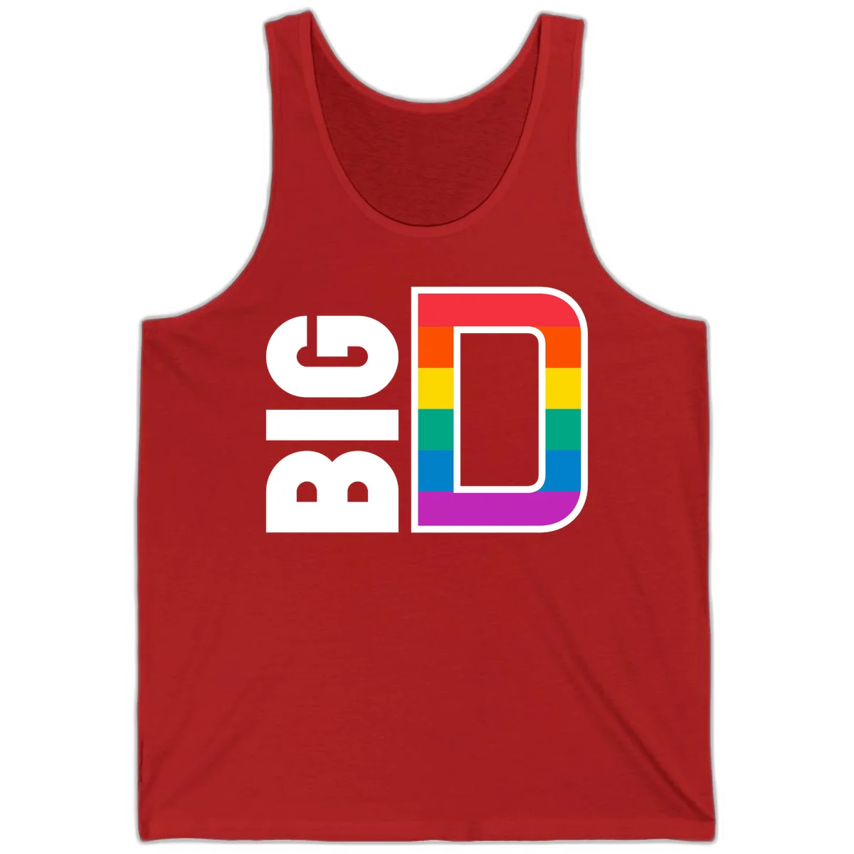 Rainbow pride flag design with rounded rectangle frame featuring red, orange, yellow, green, teal, blue, and purple stripes in Red