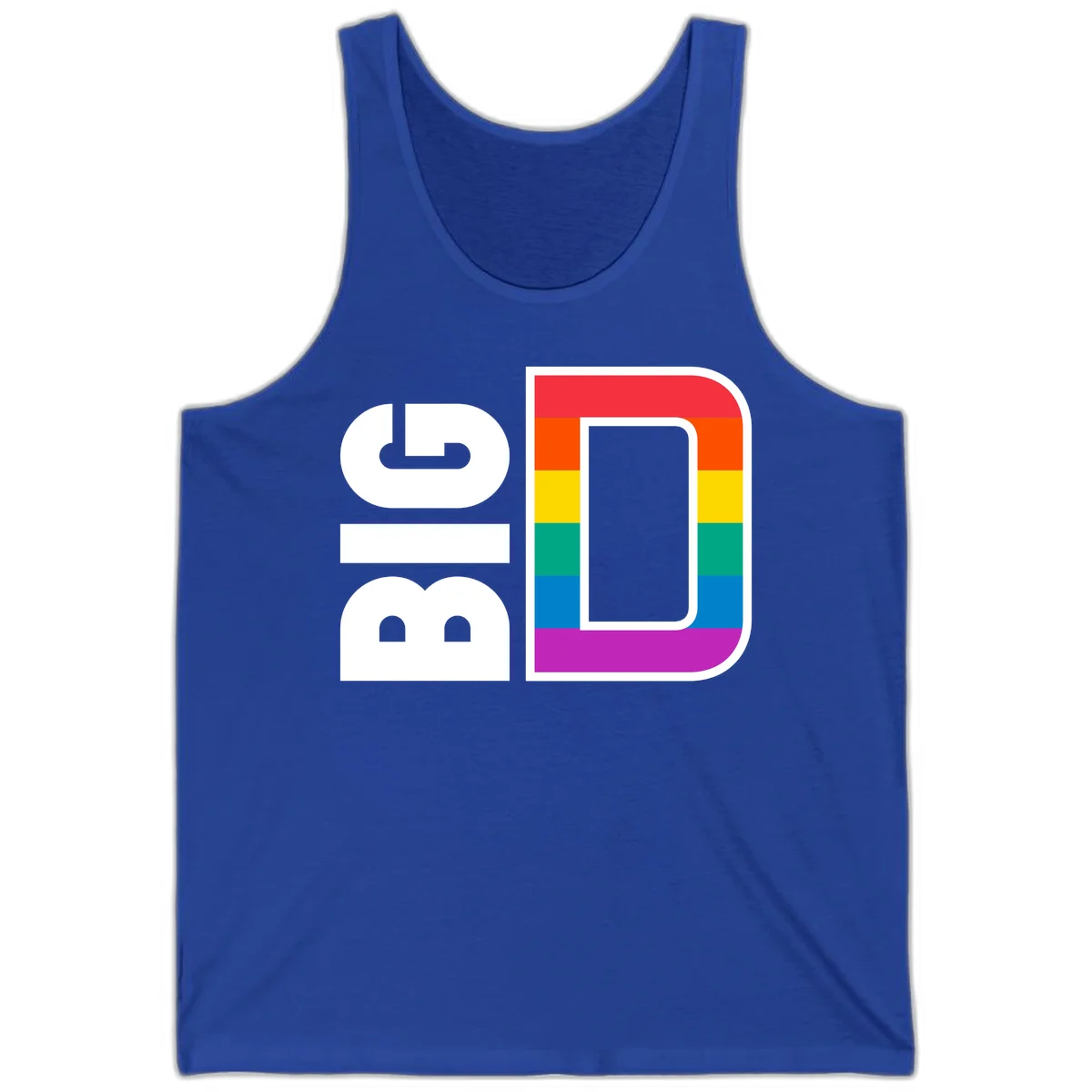 Rainbow pride flag design with rounded rectangle frame featuring red, orange, yellow, green, teal, blue, and purple stripes in True Royal