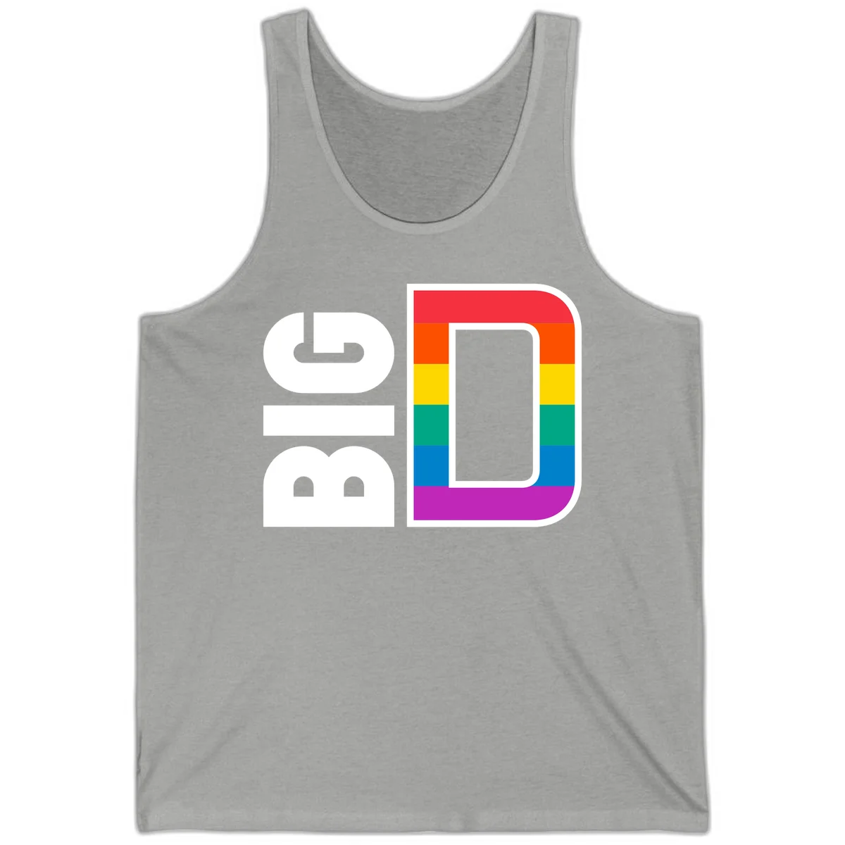 Rainbow pride flag design with rounded rectangle frame featuring red, orange, yellow, green, teal, blue, and purple stripes in Athletic Heather