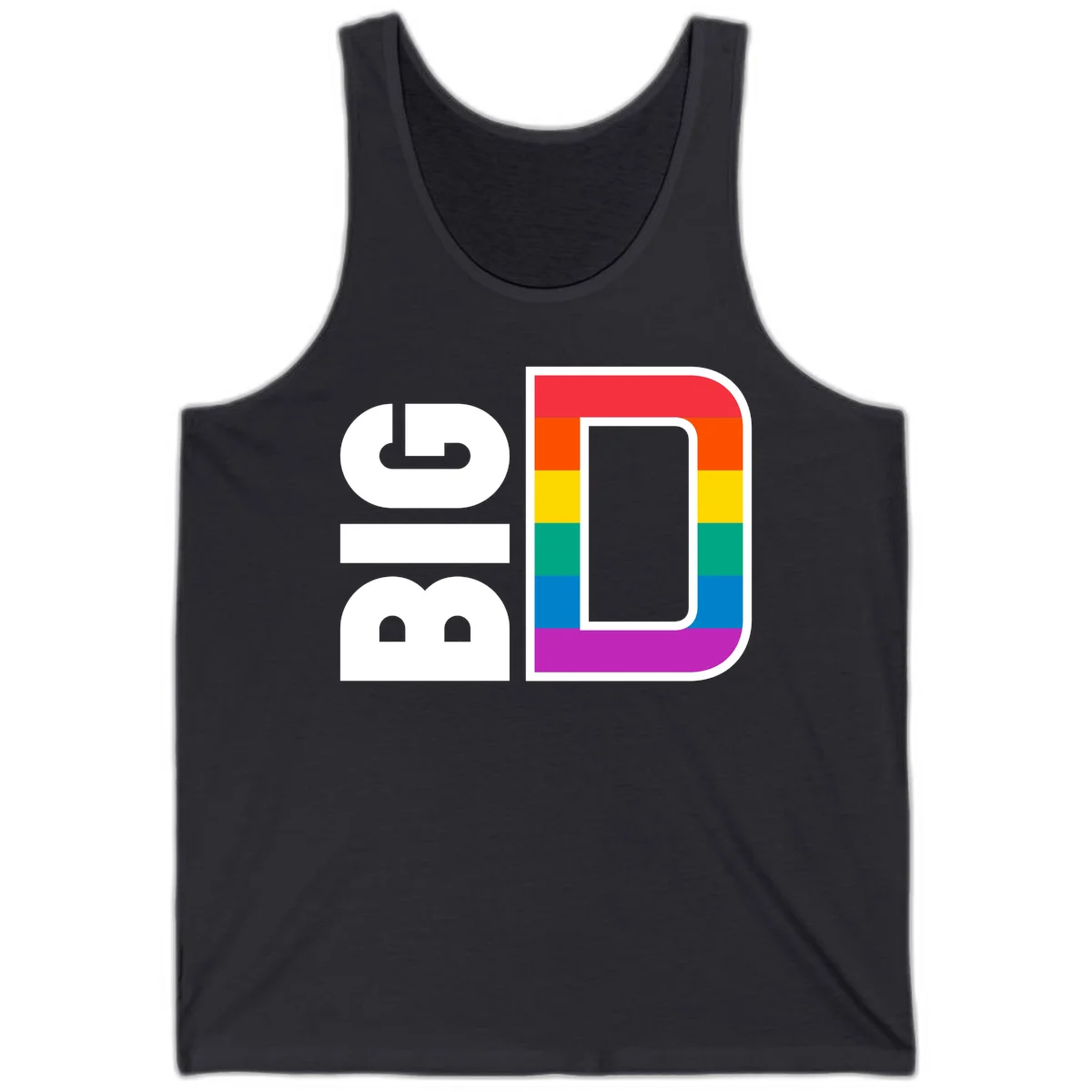 Rainbow pride flag design with rounded rectangle frame featuring red, orange, yellow, green, teal, blue, and purple stripes in Dark Grey