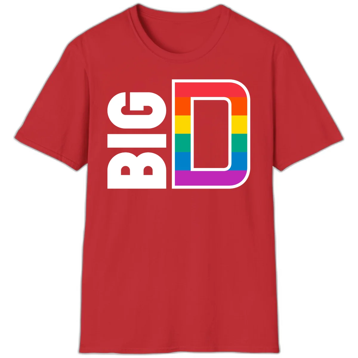 Rainbow pride flag design with rounded rectangle frame featuring red, orange, yellow, green, teal, blue, and purple stripes in Red