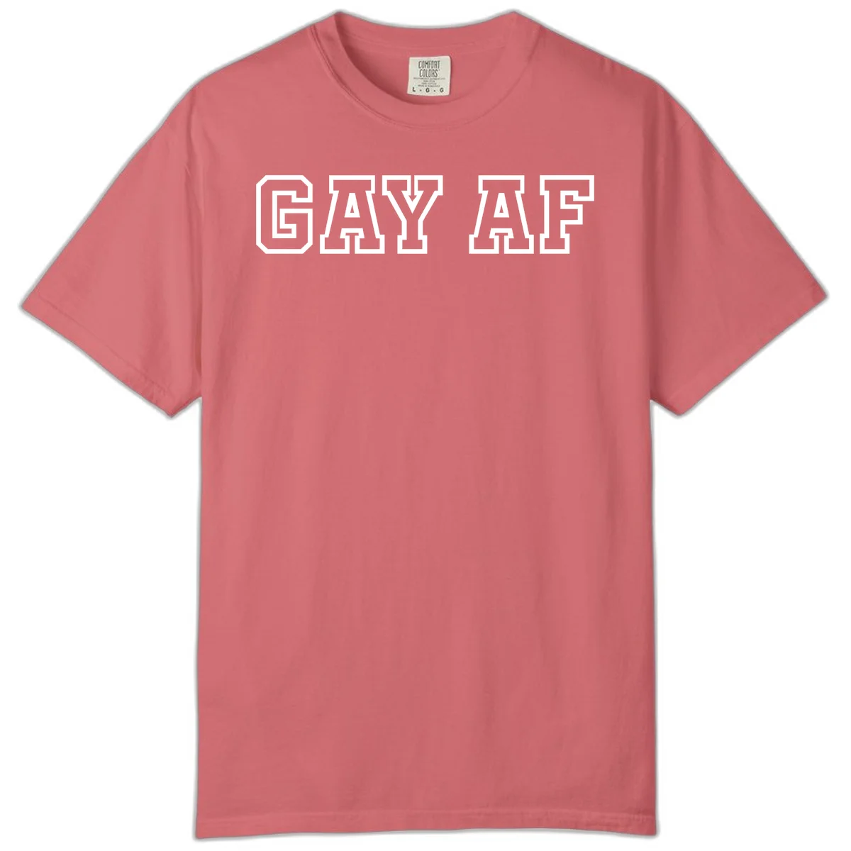 Bold white outlined block letters spelling 'GAY AF' in varsity athletic style on gray background in Watermelon