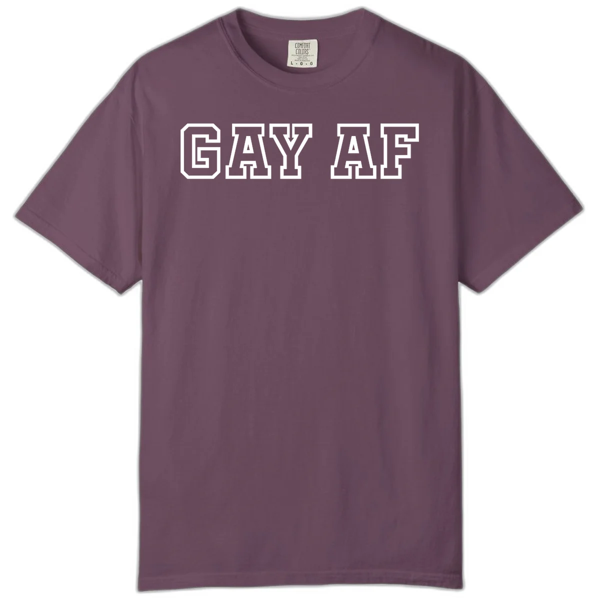 Bold white outlined block letters spelling 'GAY AF' in varsity athletic style on gray background in Berry