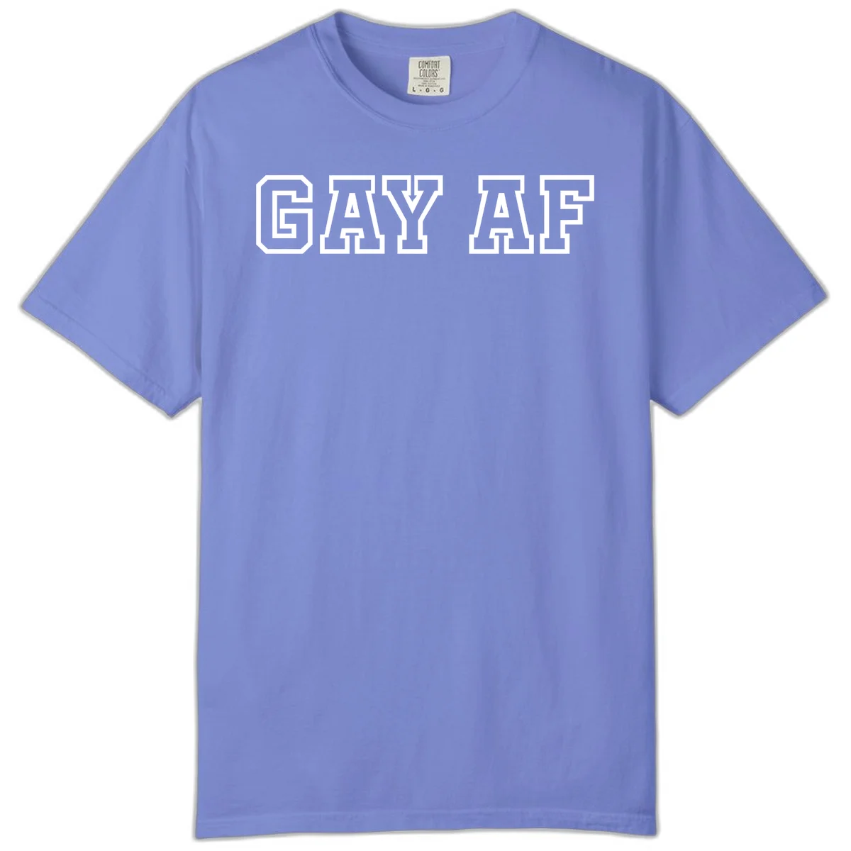 Bold white outlined block letters spelling 'GAY AF' in varsity athletic style on gray background in Flo Blue