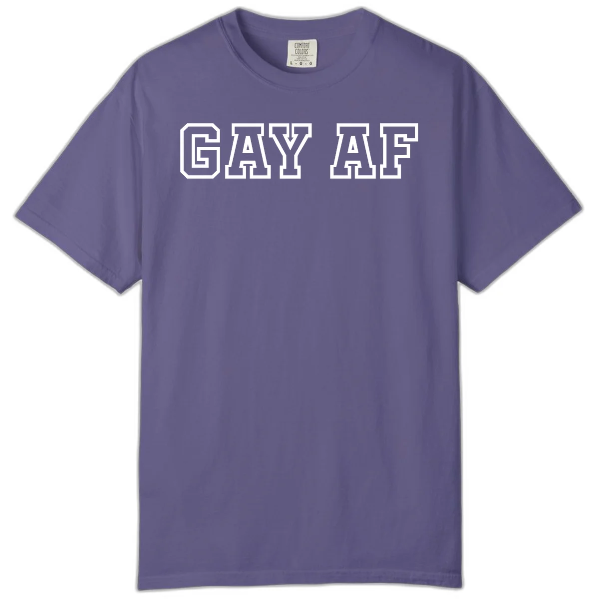 Bold white outlined block letters spelling 'GAY AF' in varsity athletic style on gray background in Grape