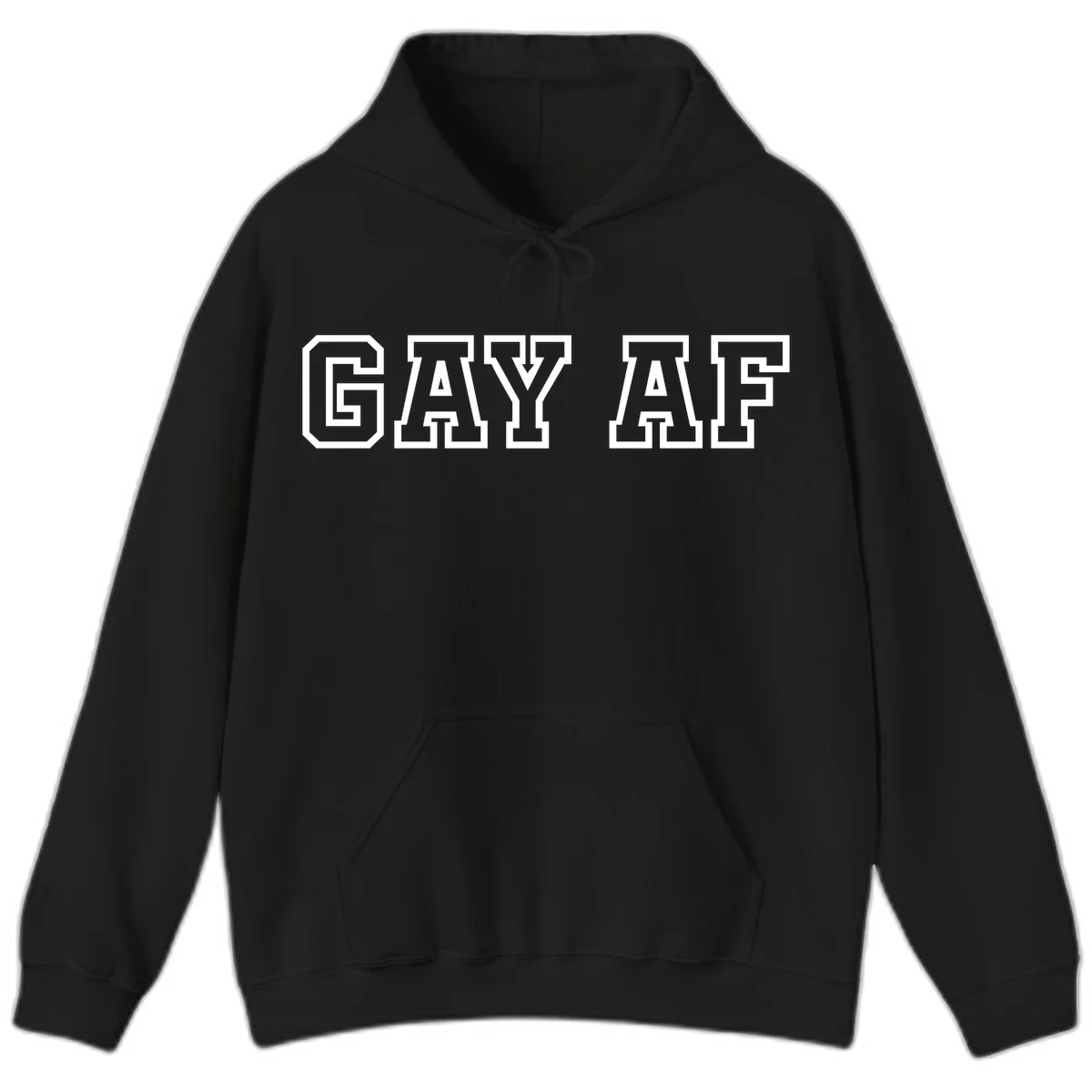 Bold white outlined block letters spelling 'GAY AF' in varsity athletic style on gray background in Black