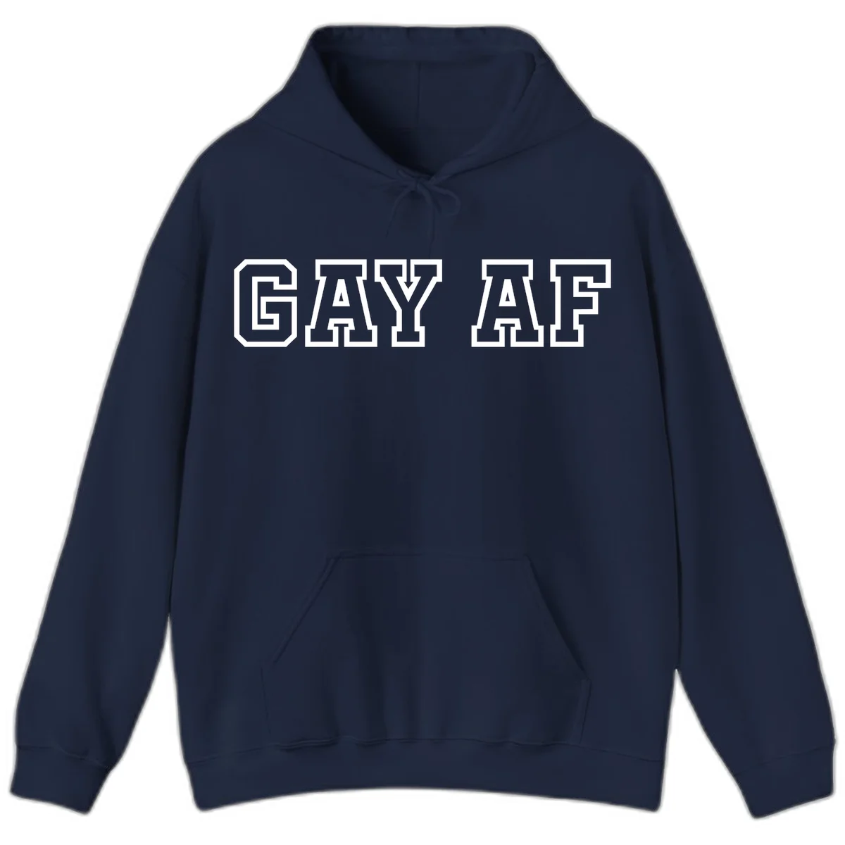 Bold white outlined block letters spelling 'GAY AF' in varsity athletic style on gray background in Navy