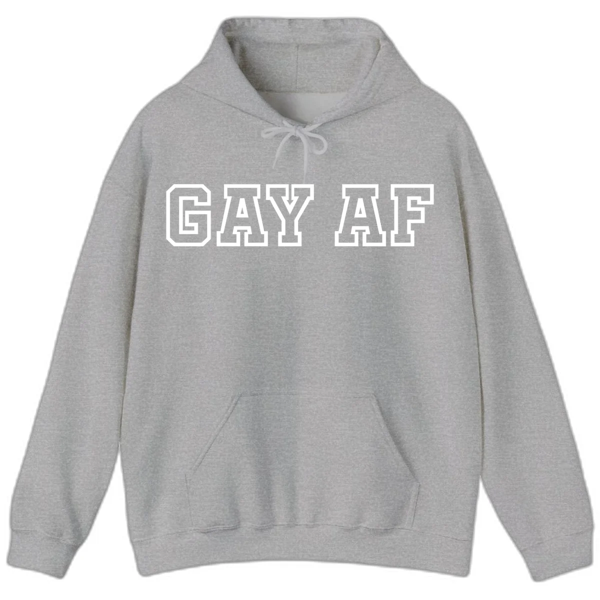 Bold white outlined block letters spelling 'GAY AF' in varsity athletic style on gray background in Sport Grey