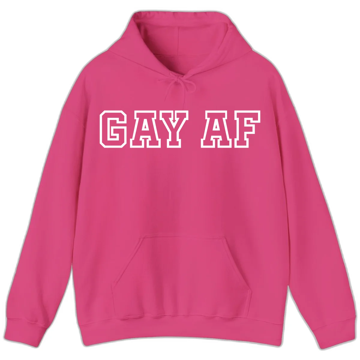 Bold white outlined block letters spelling 'GAY AF' in varsity athletic style on gray background in Heliconia