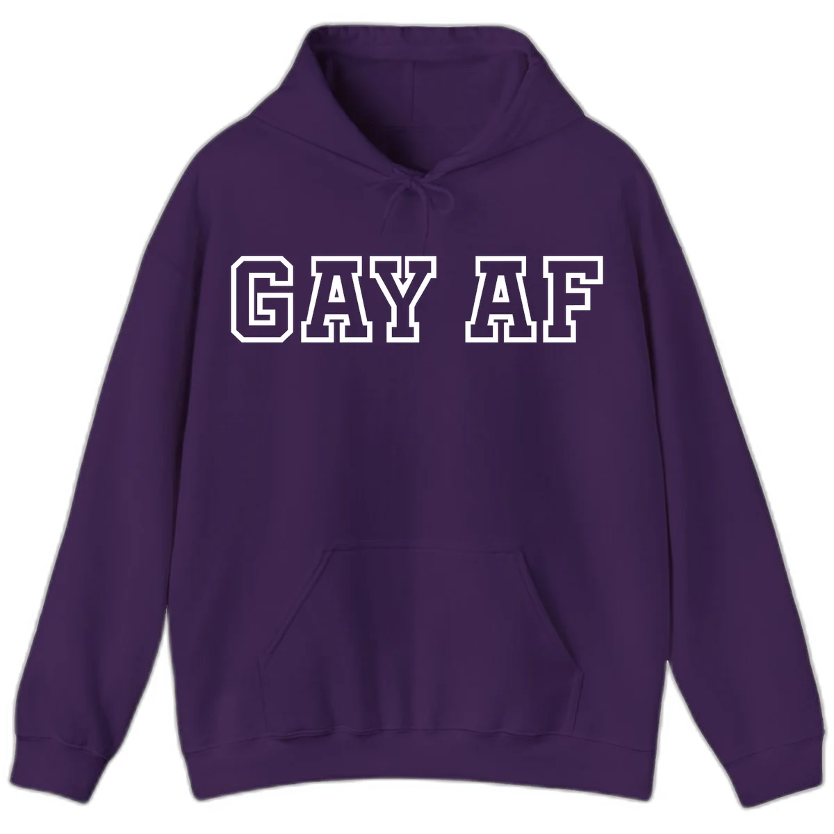 Bold white outlined block letters spelling 'GAY AF' in varsity athletic style on gray background in Purple