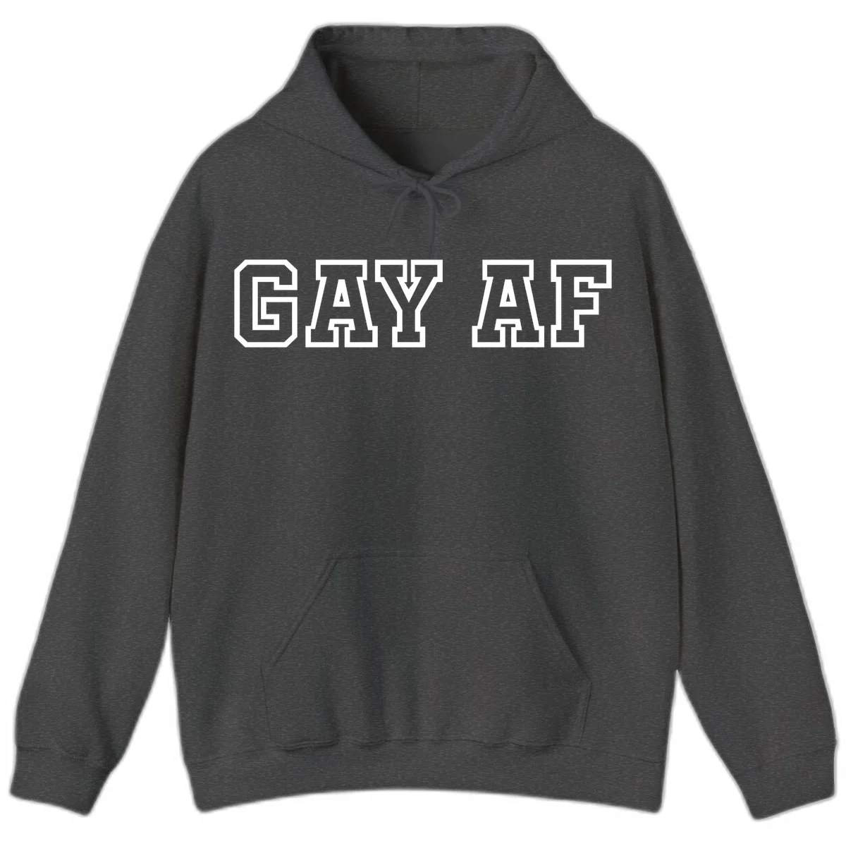 Bold white outlined block letters spelling 'GAY AF' in varsity athletic style on gray background in Dark Heather