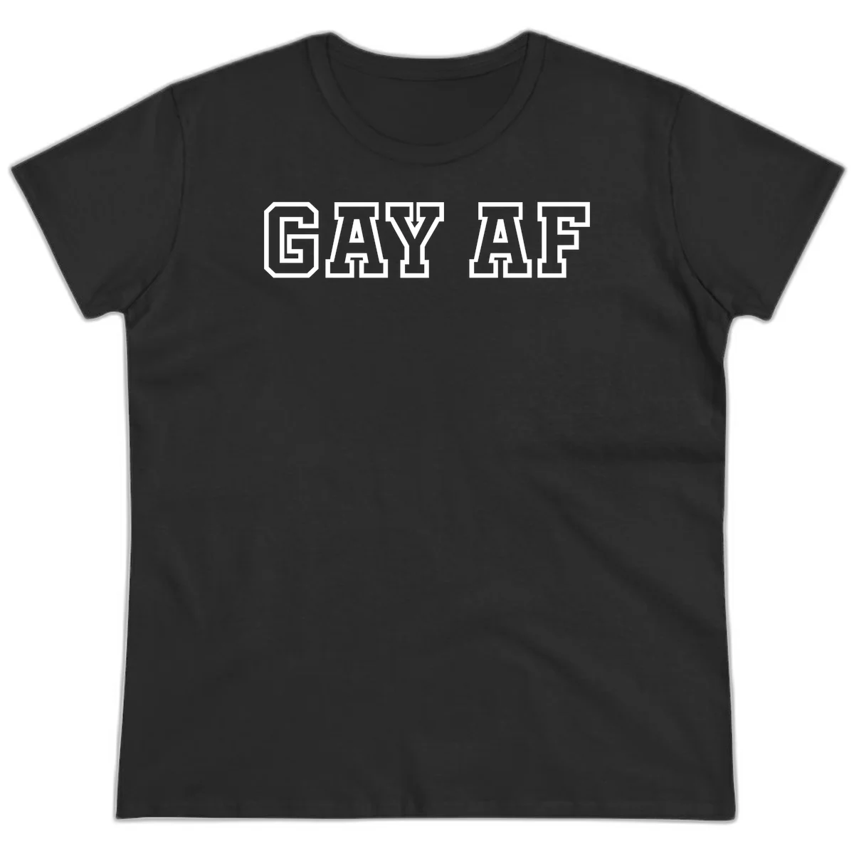 Bold white outlined block letters spelling 'GAY AF' in varsity athletic style on gray background in Black