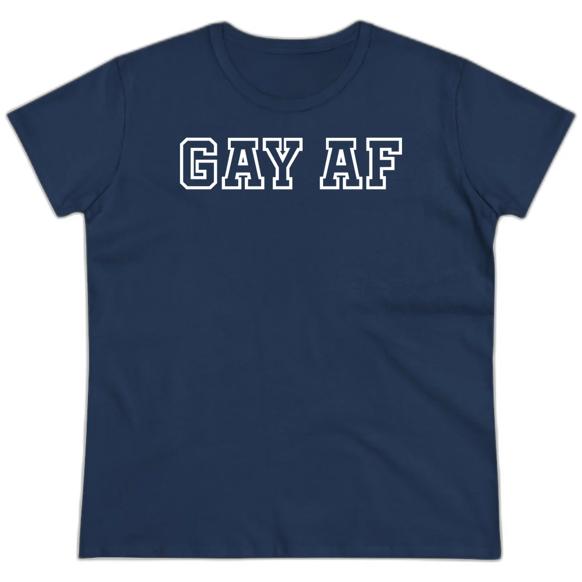 Bold white outlined block letters spelling 'GAY AF' in varsity athletic style on gray background in Navy
