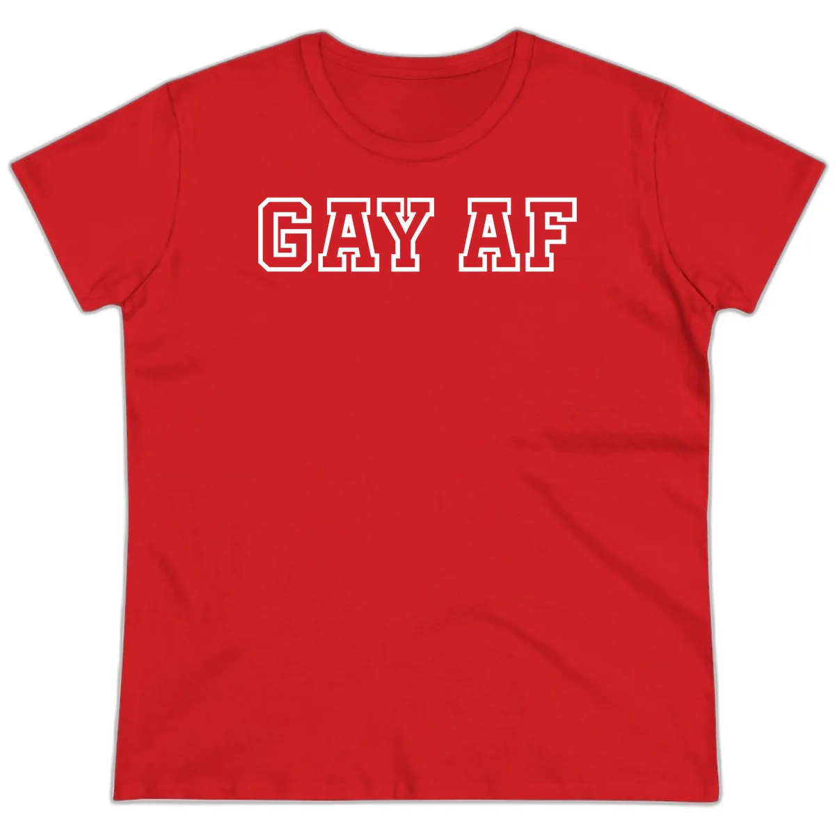 Bold white outlined block letters spelling 'GAY AF' in varsity athletic style on gray background in Red