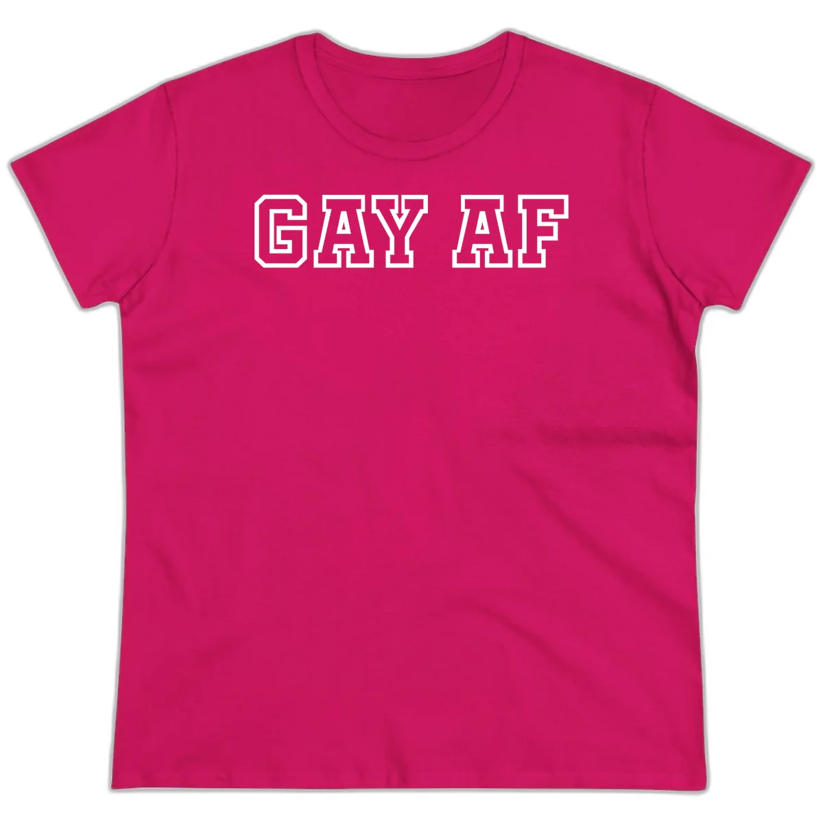 Bold white outlined block letters spelling 'GAY AF' in varsity athletic style on gray background in Heliconia