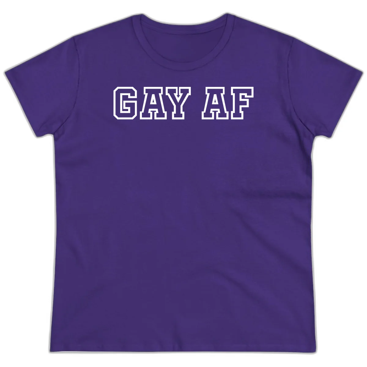 Bold white outlined block letters spelling 'GAY AF' in varsity athletic style on gray background in Purple