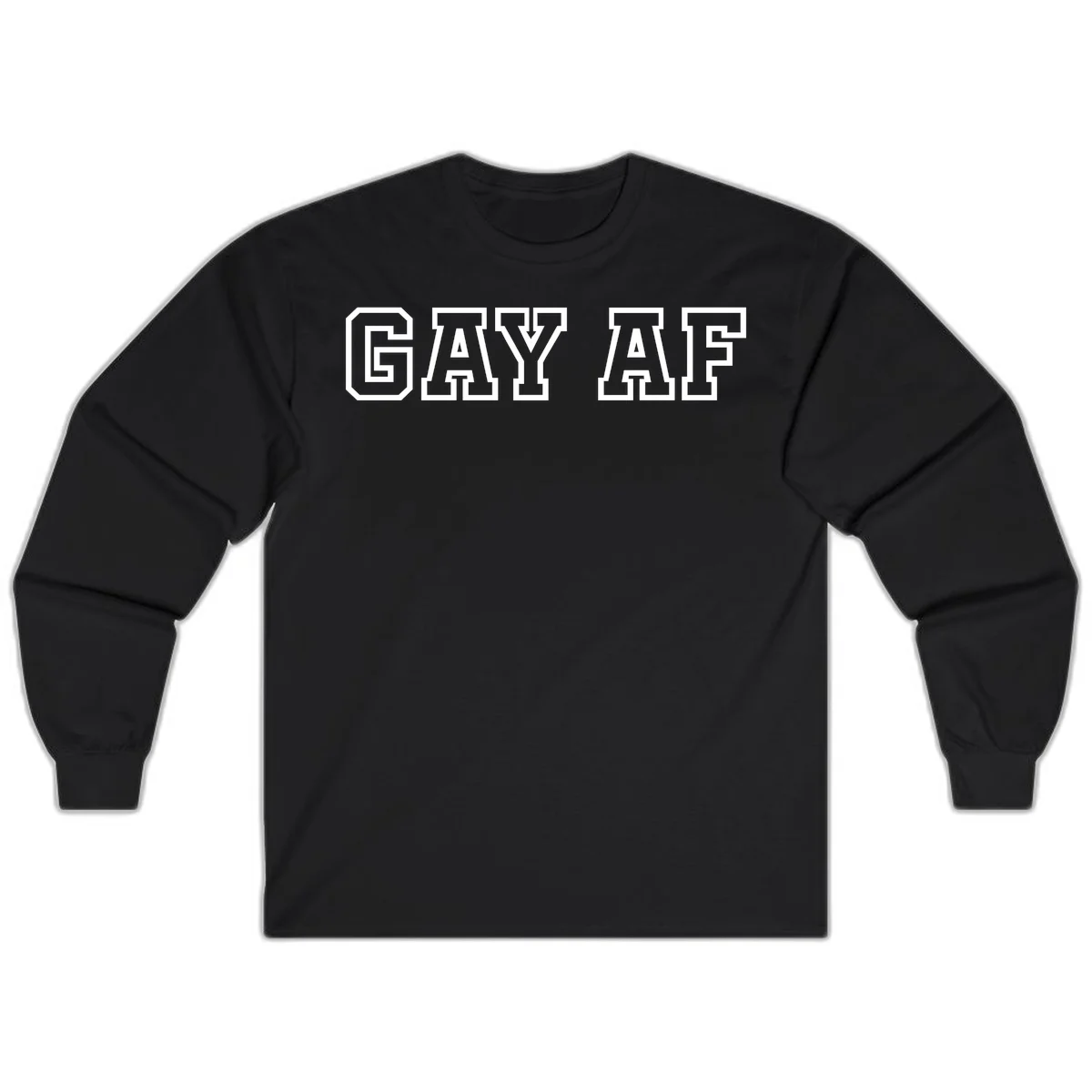 Bold white outlined block letters spelling 'GAY AF' in varsity athletic style on gray background in Black