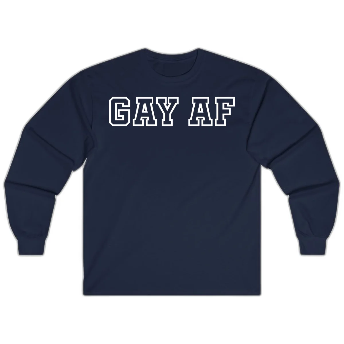 Bold white outlined block letters spelling 'GAY AF' in varsity athletic style on gray background in Navy
