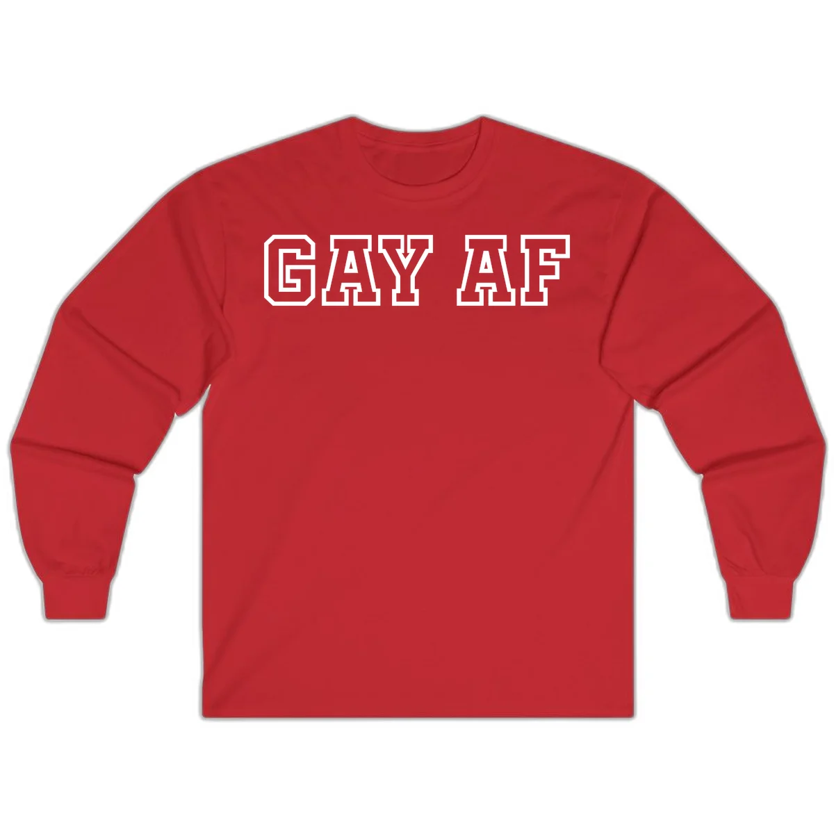 Bold white outlined block letters spelling 'GAY AF' in varsity athletic style on gray background in Red