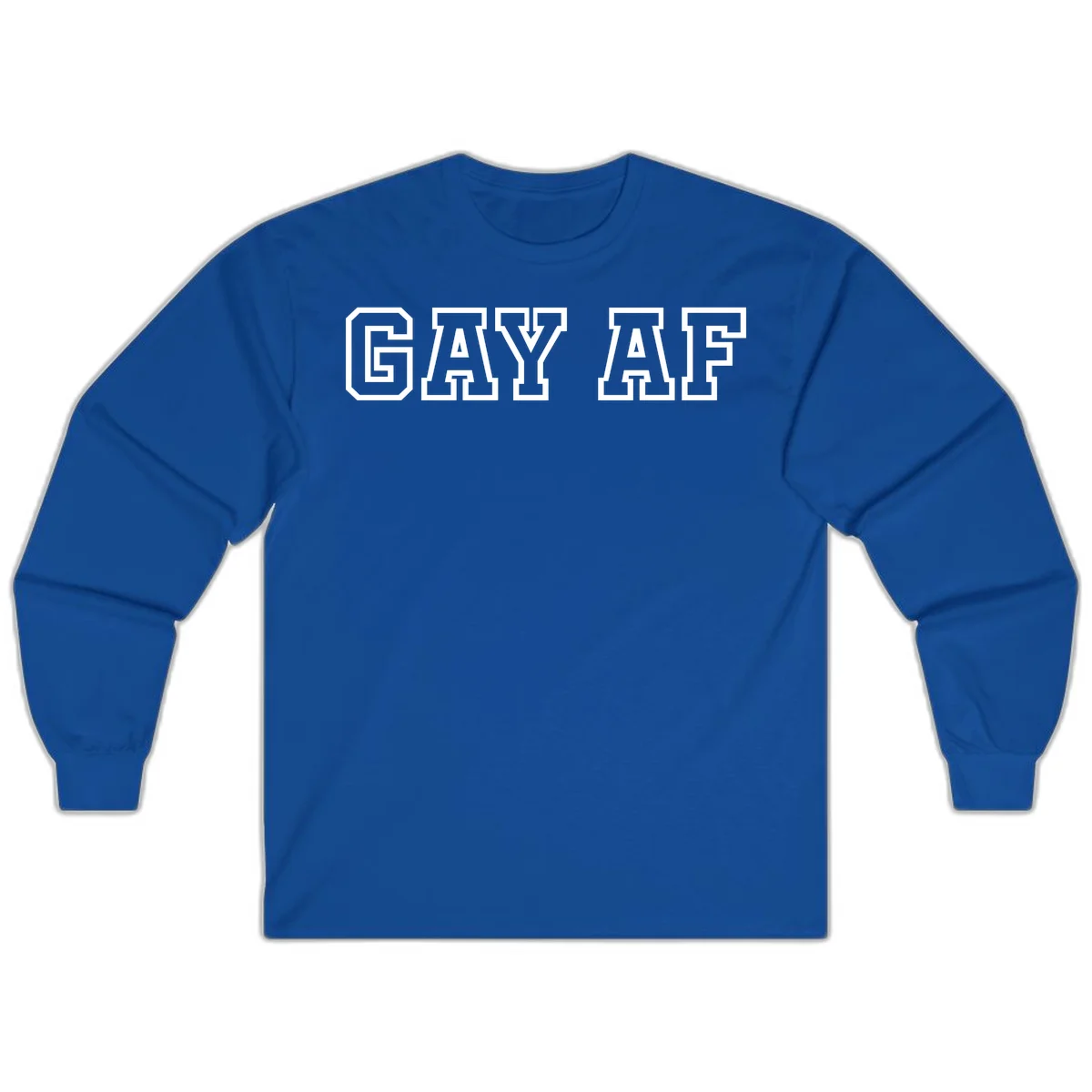 Bold white outlined block letters spelling 'GAY AF' in varsity athletic style on gray background in Royal